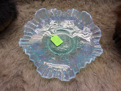 Vintage LG WRIGHT Glass Three Cherry Blue Opalescent Ruffled Bowl - 10  • $49.99