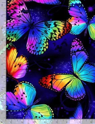 Butterfly Magic Fabric - Rainbow Large Bugs Black - Timeless Treasures YARD • $10.98