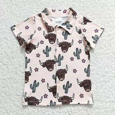 Summer Toddler Baby Boys Highland Cow Cactus Western Shirt Top • £12.97
