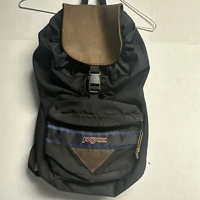 $20 • Buy Vintage Jansport Brown Black Backpack Drawstring Cinch Top Leather Flap
