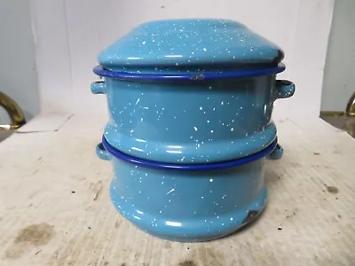 Pair Vintage 5  Enamelware Kitchen Storage Containers Blue Speckle • $10.36