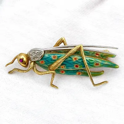 Vintage 18K Gold Green Enamel Grasshopper Diamond Ruby Brooch Pin 8.2g • $795