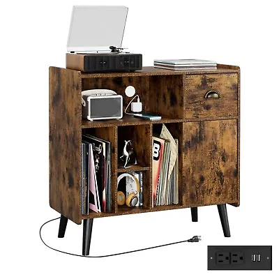 Large Record Player Stand With Power Outlets &Wooden Legs & Vinyl Record Storage • $149.99