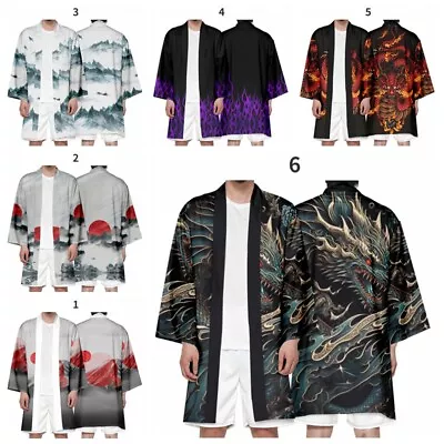 Mens Dragon Pattern Japanese Style Cardigan Retro Kimono Open Front Yukata Party • £21.34