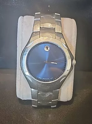 🕐 Men's Movado 0606380 Luno Quartz Blue Dial Stainless Steel Watch *Needs Bttry • $162.50