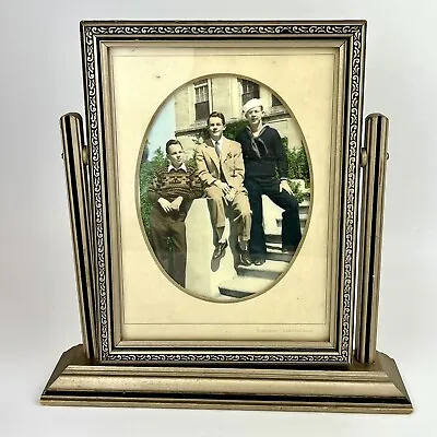 Vtg Silver & Black Ornate Wood 6x8 Picture Frame Swivel Tilt Tabletop W/ Photo • $34.99