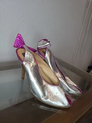 Vintage Maud Frizon Heels Metallic Silver & Hot Pink 80s Style Sz. 6.5-7 • $108