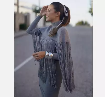 Zara New Woman Fringed Fringe Knit Cape Grey S-m 3739/248 • $79