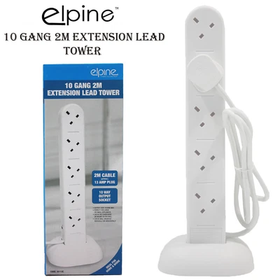 £12.95 • Buy 10 Way Gang 2m 13a Cable Mains Power Tower Extension Lead Multi Way Plug Socket