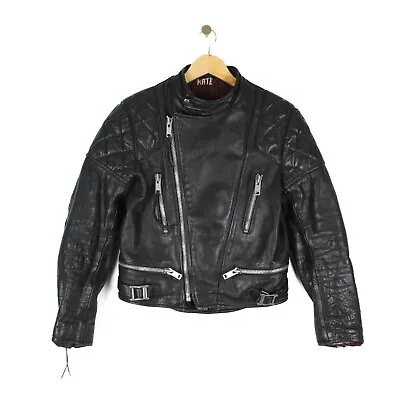 Vintage Biker Jacket Black Leather Elbow Patch Quilted Motorcycle Womens Size 40 • $99.55