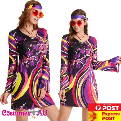 Womens 60s 70s Retro Hippy Costume Disco Girl Dancing Groovy Fancy Dress • $27.07