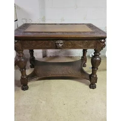 Victorian Robert Mitchell Furniture Carved Oak Library Table With Lion Heads • $3495