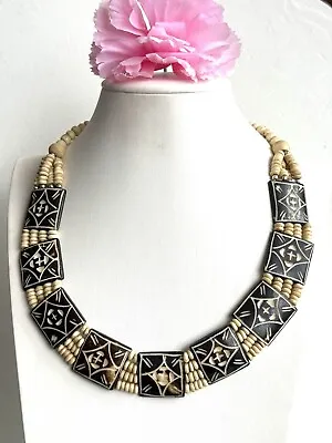 Vintage Style Tribal Theme Hand Carved Yak Bone Choker Necklace From Nepal 19” • $29.99