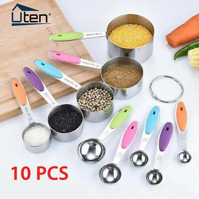 £11.99 • Buy 10pc Stainless Steel Measuring Cups Spoons Set Kitchen Tool Baking Kit Teaspoon