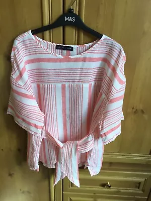 Marks & Spencer’s 100% Flax Linen Striped  Blouse / Top Coral Mix Size 14. • £1.99