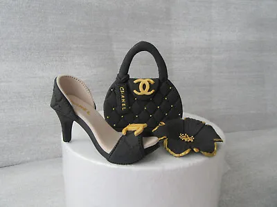 Edible Handmade Shoe Handbag Flower Fondant Sugar Paste Cake Topper (Black)* • £27.99