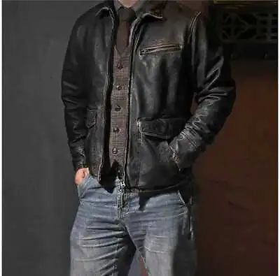 Men’s Motorcycle Biker Vintage Cafe Racer Distressed Black Real Leather Jacket • $99.99