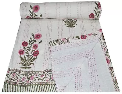 Indian Hand Block Print King Size Cotton Kantha Quilt Throw Blanket Bedspread • £59.81