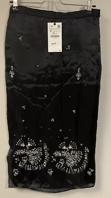 Zara Black MIDI Skirt Gems Crystals Rhinestones Size Small NWT • $28