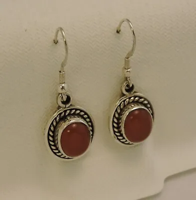 Sterling  Silver Wire Earrings Dangle Carnelian Cabochon Pierced 925 7g • $21