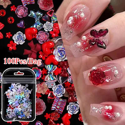100PCS Nail Decoration Resin Bowknot Flower Nail Drill Rose Nail Accessories DIY • £2