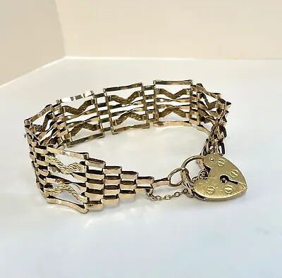 QUALITY 9ct GOLD VINTAGE 6 BAR GATE BRACELET HEART PADLOCK VINTAGE 10.14g 7  • $725.94