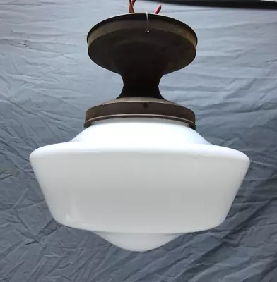 VTG Large 12  Schoolhouse Bank Ceiling Light Milk Glass Globe Old Metal 202-23B • $175