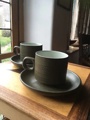 2 Denby Chevron Tea Cups And Saucers -4 Ring. Green  Perfect Condition.  • £4