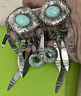 Tabra TURQUOISE & JADE STERLING SILVER SHIELD STYLE DANGLY EARRINGS! BEAUTIFUL!! • $299