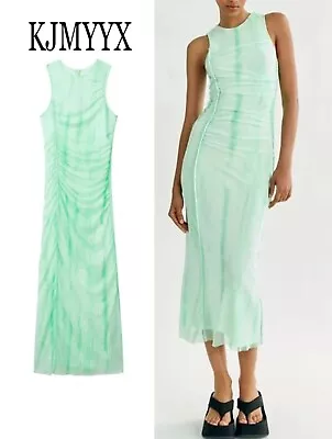 Zara Womens Large Tulle Midi Bodycon Mesh Mint Green Stretch  • $38