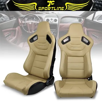 Universal Pair Reclinable Racing Seats + Dual Sliders Beige PU Carbon Leather • $354.99