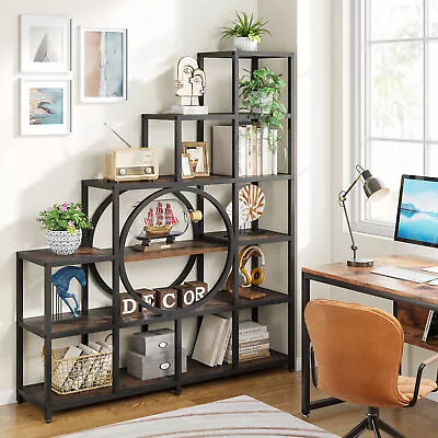 6-Tier Rustic Wood Step Bookcase Bookshelf Open Storage Rack With Metal Frame • $164.66