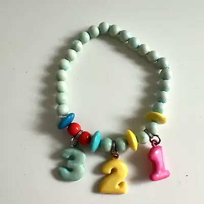 Vintage Plastic Bead Charm Bracelet 3 2 1 Kids Jewelry 80s Light Blue Number • $19.99