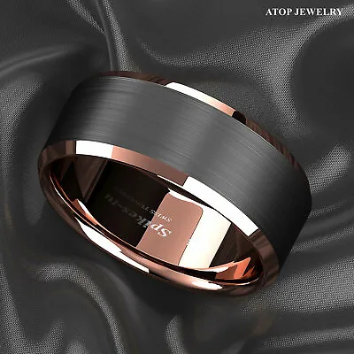 8mm Brushed Black Rose Gold Edge Tungsten Ring Wedding Band ATOP Men's Jewelry • $24.99