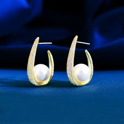 Unique Micro Pave U Shape Yellow Gold Plated White Big Round Pearl Hoop Earrings • $10.99