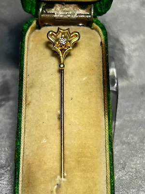 Vintage Yellow Gold Stick Pin Set With Diamond And Marked 14k - Almost 3  Long • $135