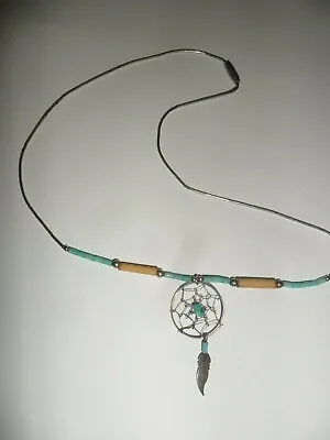 Silver Turquoise Stone Native American Style Dream Catcher Pendent Necklace • £14.75