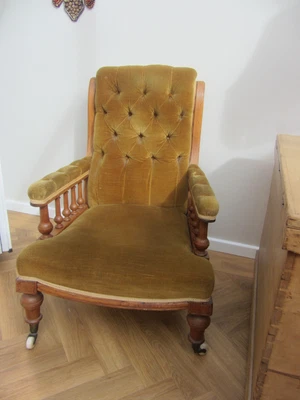 £100 • Buy Antique Victorian Mustard Gold Velvet Armchair On Original Casters Pickup Only