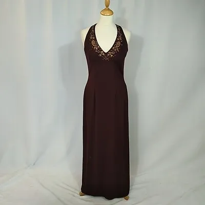 Dave & Johnny Laura Ryner Vintage Dress Brown Beaded Gold Halter Long UK 10 12 • £24.99