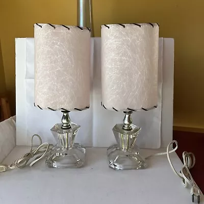 Pair Of Mid Century Glass Boudoir Lamps W Spun Fiberglass Shades • $9.99