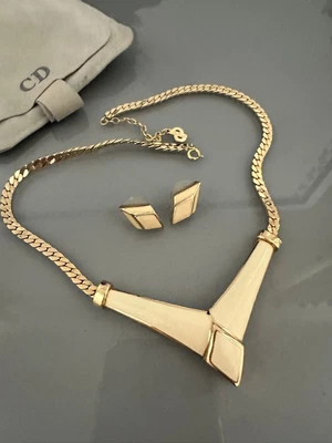 Christian Dior 70s Gold Plate & Enamel Chevron Vintage Necklace & Earrings • £67