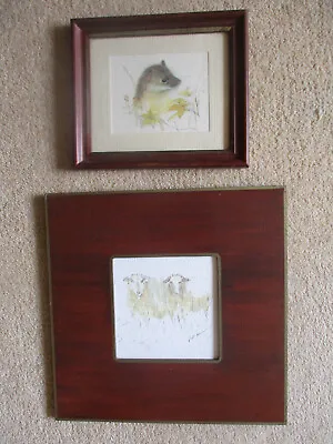 £19 • Buy 2 Small Wood Framed Wildlife Pictures Mads Stage Ferret/Indistinct Signed Sheep