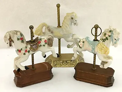 Carousel Horse Figurines Ceramic Wood & Metal Bases Metal Poles Lot Of 3 • $16.99