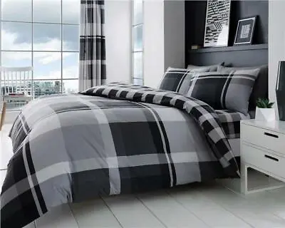 Grey Bedding Duvet Set Check Quilt Cover & Pillow Cases Modern Charcoal Tartan • £16.19