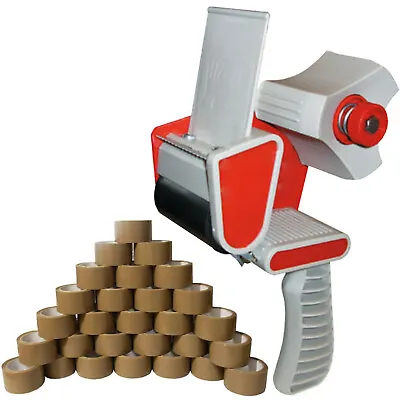 TAPE GUN DISPENSER + 12 HUGE ROLLS OF BROWN BUFF 48MM X 66M PARCEL PACKING TAPE • £10.95