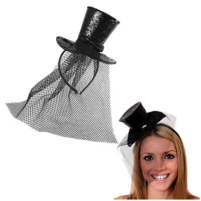 Black Mini Glitter Top Hat Headband Veil Ladies Burlesque Party Fancy Dress • £6.99