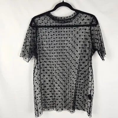 Urban Outfitters Womens Sheer Mesh Blouse Size L 14 Black Dot Short Sleeve Top • $12.50