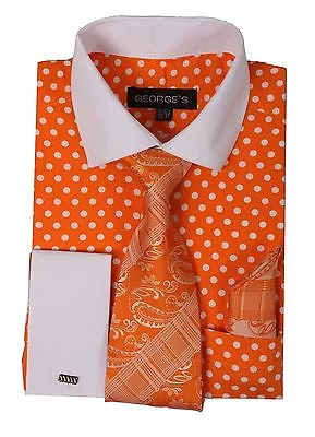 Men's Cotton Polka Dot Dress Shirt Set #613 Contrast Spread Collar French Cuff  • $21.49
