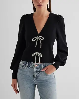 EXPRESS V-Neck Embellished Bow Cardigan - BLACK Size S • $59.95