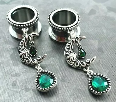 PAIR Green Glass Stones W/ Moon Dangle Tunnels Screw Fit Plugs Earlets Gauges • $14.95